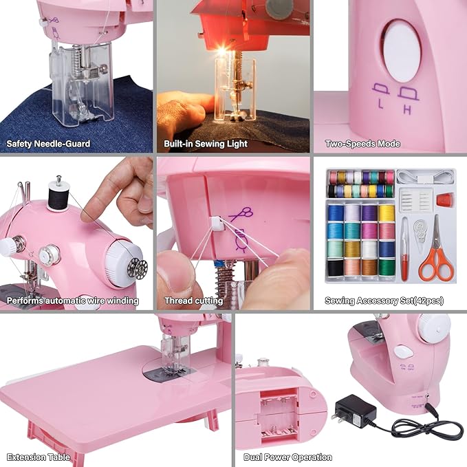 Sewing Machine for Beginners with Expansion Table and Foot Pedal and 42Pcs Sewing kit Finger Guard & Light Mini Small Portable Sewing Machines 2-Thread 2-Speed 2-Switches for Kids Ages 8-12 Peach Pink
