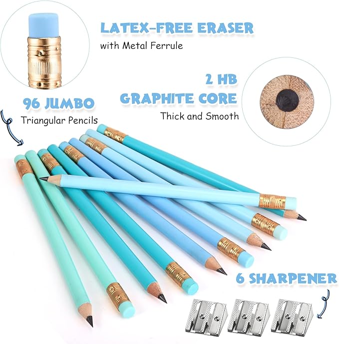 Fainne 102 Pcs Bulk Thick Jumbo Graphite Pencils Set 96 Fat Giant Large Pencils and 6 Sharpeners Enhanced Grip for Art Drafting Writing Drawing Office and Home Use(Teal, Blue,Round)