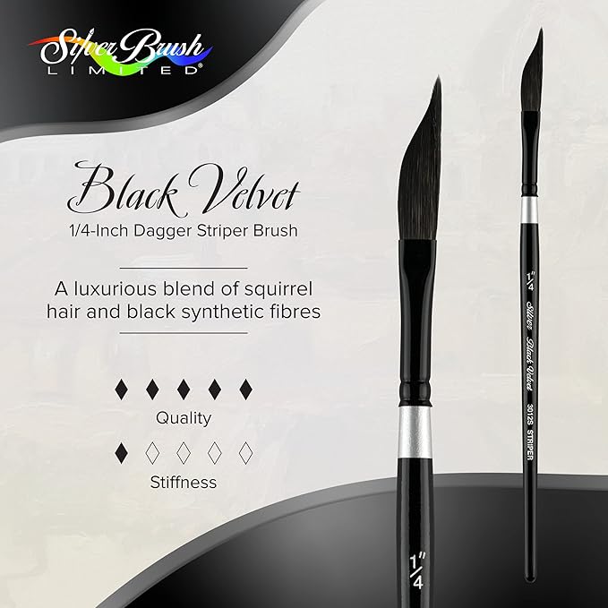 Silver Brush Limited 3012S-1/4 Black Velvet Dagger Striper Paintbrush for Watercolor, Gouache, Inks, & Dyes, Size 1/4 Inch, Short Handle