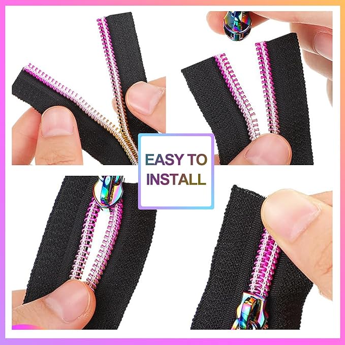 #5 Rainbow Zipper Tape by The Yard 5 Yards Colorful Teeth Nylon Zippers with 10 Pcs Metal Rainbow Zipper Pullsfor DIY Sewing Tailor Crafts (Black，Rainbow)