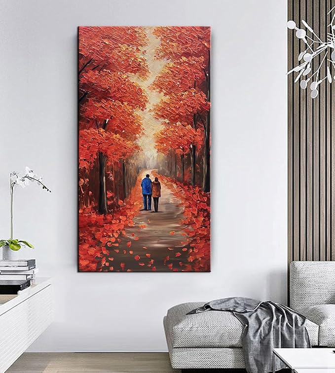 Autumn Forest Path Canvas Wall Art, Red Fall Trees Oil Painting, Large Modern Textured Artwork