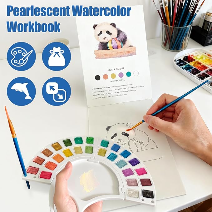 Watercolor Workbook, Water Coloring Book with 13 Pages 300GSM Paper, 26 Colors Watercolor Paint Set with Brush & Storage Bag, Beginner-Friendly Coloring Book for Adults - Animal Theme Art Kit