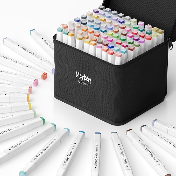 Alcohol Markers 80 Colors,Dual Tip Chisel & Fine Markers Set Waterproof Ink Alcohol Coloring Marker Art Marker Pens Drawing Gift for Painting,Note,Marking,White Barrel