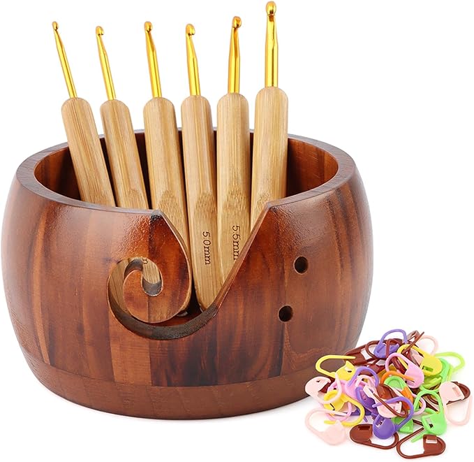 Yarn Bowl Holder, Wooden Knitting Bowl with 6pcs Crochet Hooks, 50pcs Crochet Stitch Markers, Large Yarn Holder Dispenser for Mom & Knitting Lovers