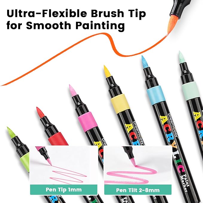 60 Colors Acrylic Markers Set,Brush Tip Acrylic Paint Pens for Painting on Rocks, Canvas, Ceramic, Wood, Glass - Perfect for Artists and Adults - DIY Crafts, Holiday Decorations & Art Supplies