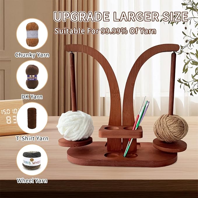Magnetic Wooden Yarn Holder for Crocheting & Knitting – Smooth Rotating Yarn Spinner with Double Spindles, Tangle-Free Thread Dispenser, Ideal Gift for Knitters & Weavers (Brown)