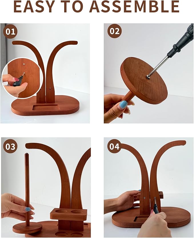 Magnetic Wooden Yarn Holder for Crocheting & Knitting – Smooth Rotating Yarn Spinner with Double Spindles, Tangle-Free Thread Dispenser, Ideal Gift for Knitters & Weavers (Brown)