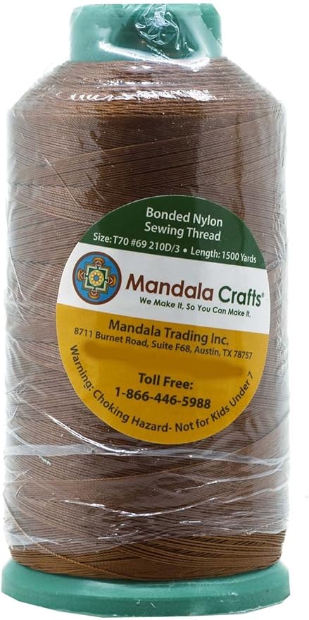 Mandala Crafts Size 69 210D T70 Bonded Nylon Thread - Brown 1500 YDs Tex 70 Heavy Duty Sewing Threads for Leather, Jeans, Weaving, Outdoor Marine Upholstery