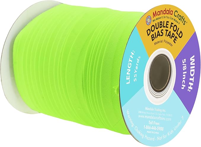 Mandala Crafts 55 Yards 5/8 Inch Lime Green Double Fold Bias Tape for Sewing - Bias Binding Tape for Quilting Binding, Hemming, Seam, and Fabric Piping