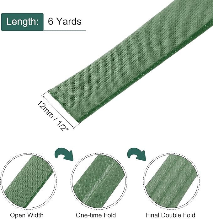 MECCANIXITY 1/2 Inch Double Fold Bias Tape Continuous Bulk Cotton Bias Tape for Sewing Seaming Quilting Hemming Binding Crafts (Army Green 6 Yards)