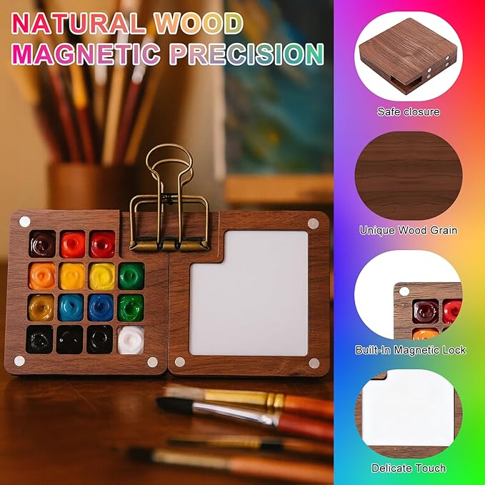 Mini Watercolor Travel Set - Professional Pocket Watercolor Palette with Vibrant Colors, Includes Wooden Palette, Sketchbook & Pen, Portable Art Supplies for Adult Artists & Travel Journaling