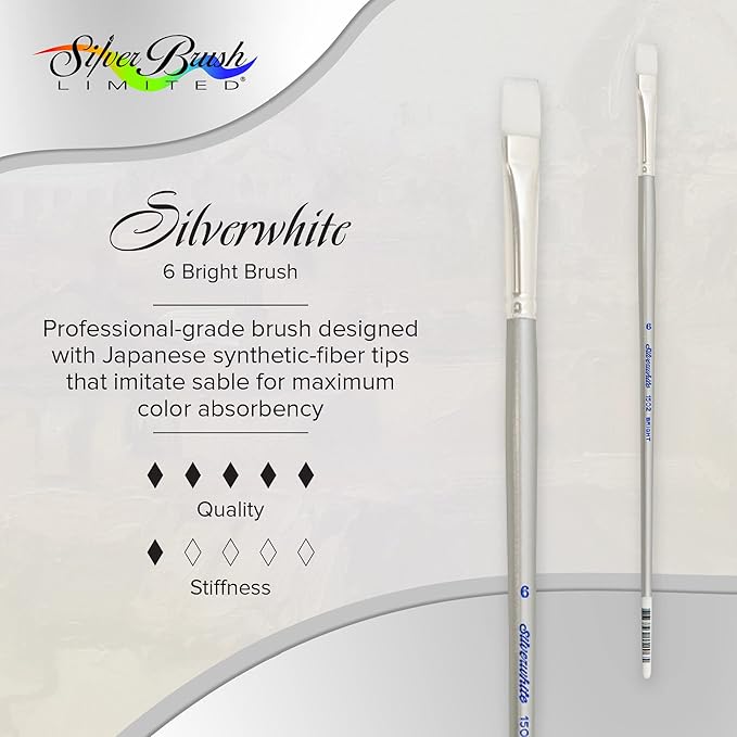 Silver Brush Limited 1502-6 Silverwhite Bright Paintbrush for Watercolor, Gouache, Inks, Dyes, Fluid, & Flow Acrylic, Size 6, Long Handle