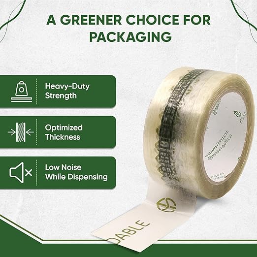 Biodegradable Packing Tape | Plant-Based Cellulose Packaging Tape | Heavy Duty All-Purpose Adhesive for Shipping, Moving, Office, Crafts | Easy-Tear, Low-Noise, Clear - 3pk 1.93 in x 70 yds
