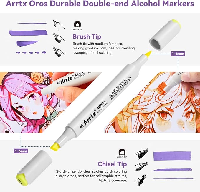 Arrtx Pastel Markers Oros 66 Colors, Oros Dual Tip(Brush & Chisel) Sketch Art Markers for Artist Adult,for Sketching, Coloring, Calligraphy,Drawing