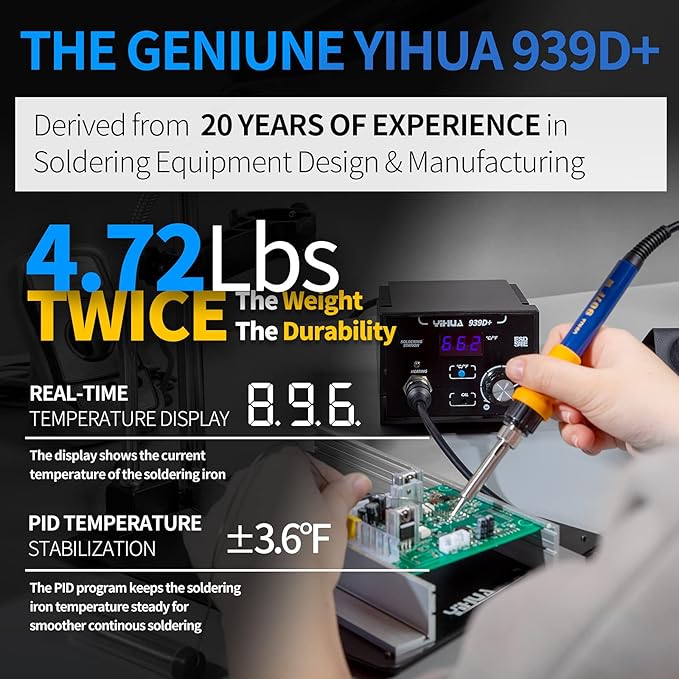 YIHUA 939D+ Digital Soldering Station, 75W Equivalent with Precision Heat Control (392°F to 896°F) and Built-in Transformer. ESD Safe, Lead Free with °C/°F display (Black)