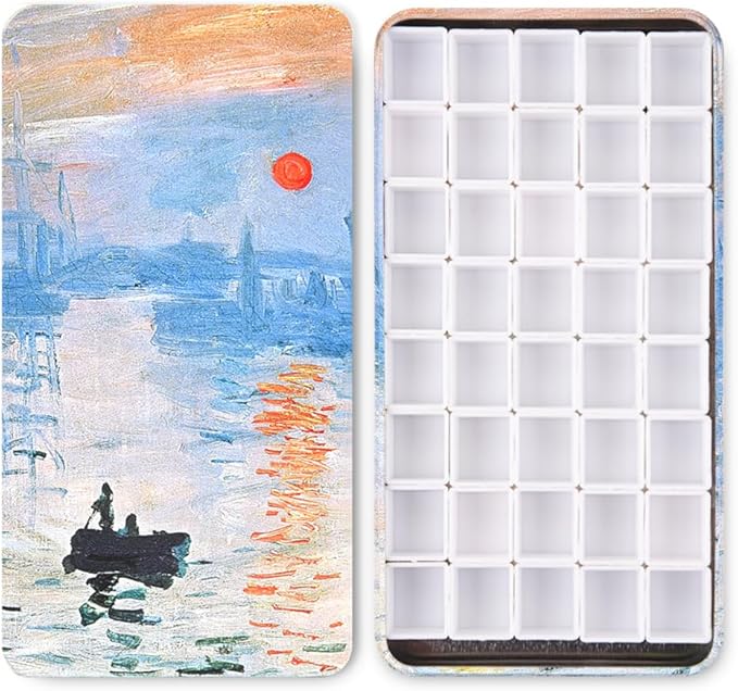 Portable Watercolor Tins Paint Palette with 40Pcs Empty Half Pans and Magnetic Squares, Small Travel Metal Paint Box with Acrylics Painting Art Drawing.Sunrise