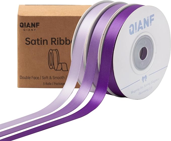 Purple Double Face Satin Ribbon 3/8 Inch x 45 Yards Lavender Fabric Ribbon for Gift Wrapping, Flower Bouquets, Hair Bows Making, Wedding Decoration, Invitation Cards, Christmas (3 Rolls *15Yd)