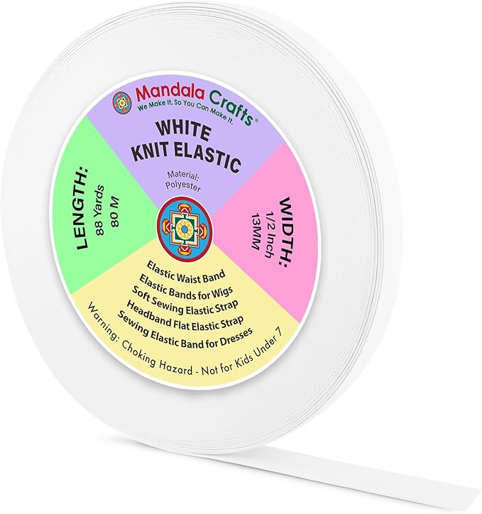 Mandala Crafts Wide 1/2 Inch White Elastic Bands Spool for Pants Waistbands Sewing and DIY Crafts, 88 YD Stretchy Flat Fabric Strap Knit Elastic Band for Wig