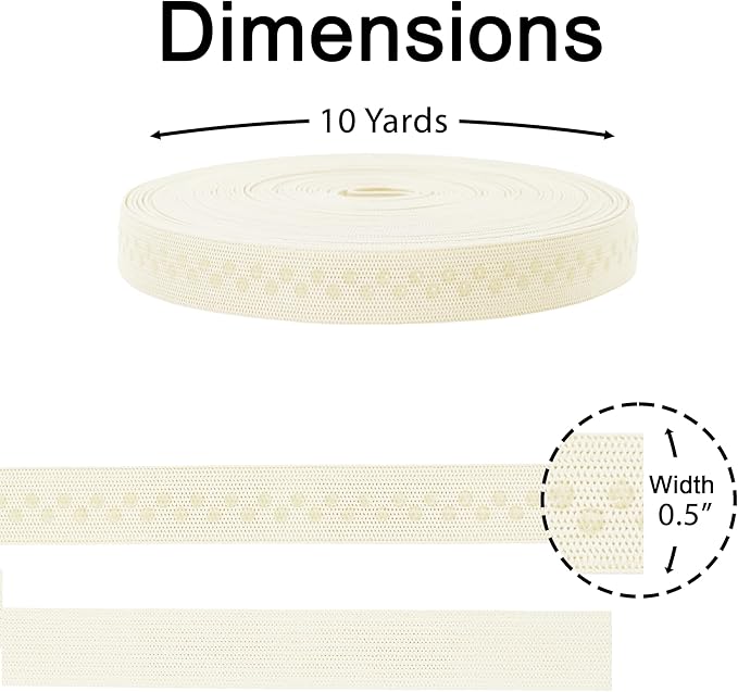 Mandala Crafts 0.5 Inch Elastic Silicone Gripper Tape for Clothing - 10 Yds Dotted Non Slip Elastic Band for Sewing - Off White Silicone Flat Fabric Stretchy Ribbon Straps