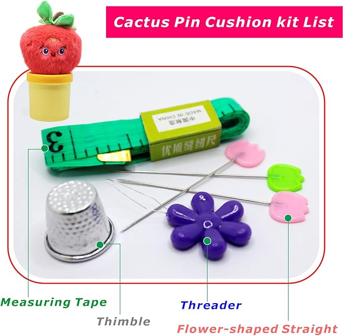 Strawberry Pin Cushion Sewing Tool Set with Magnetic Storage, Including 50 Cute Flowers Needles, Threader, Thimble ＆Tape Measure, Pin Holder for Sewing DesksApplique & Patchwork Crafter.