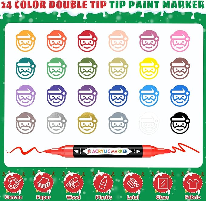 TBC The Best Crafts 24 Colors Dual Tip Acrylic Paint Markers,Waterproof, Non-Toxic, odorless, Suitable for Paper, Pottery, Stones, Backpacks, Glass, Christmas Gifts