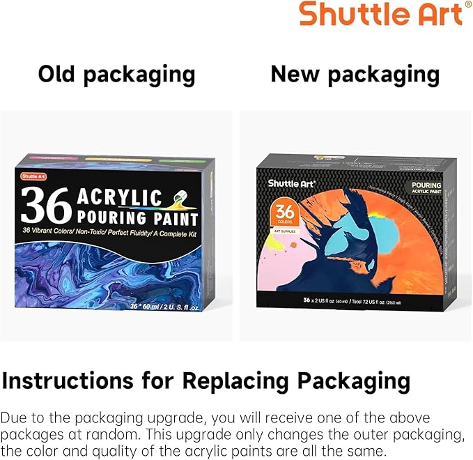 Shuttle Art Acrylic Pouring Paint, Set of 36 Bottles (2 oz/60ml) Pre-Mixed High-Flow Pouring Supplies with Canvas, Silicone Oil, Measuring Cups, Tablecloths, Complete Paint Pouring Kit