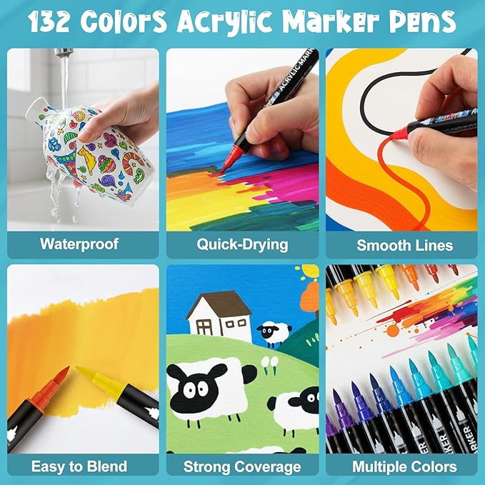 FansArriche 132 Colors Acrylic Paint Pens, Dual Tip Acrylic Paint Marker Set with Fine Tip and Brush Tip, Fabric Markers Permanent for Clothes, Wood, Stone, Canvas, Rock, DIY Art Supplies Kit