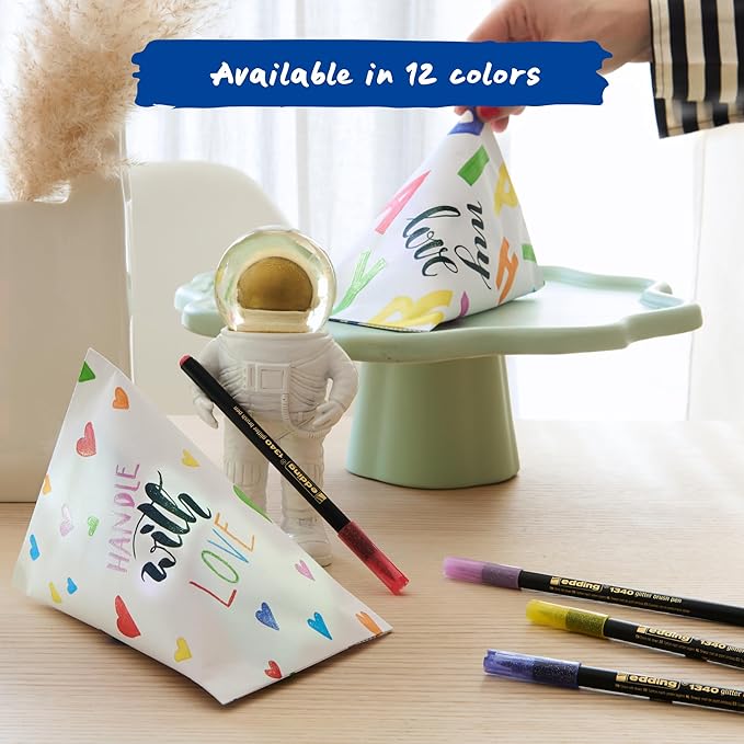 edding 1340 Glitter Brush Pen Set – 10pcs Assorted Colors with Soft Brush Nib, Quick-Drying, Smooth Writing – Glitter Markers for Journals, Planners, Scrapbooking, & Adult Coloring – Made in Germany