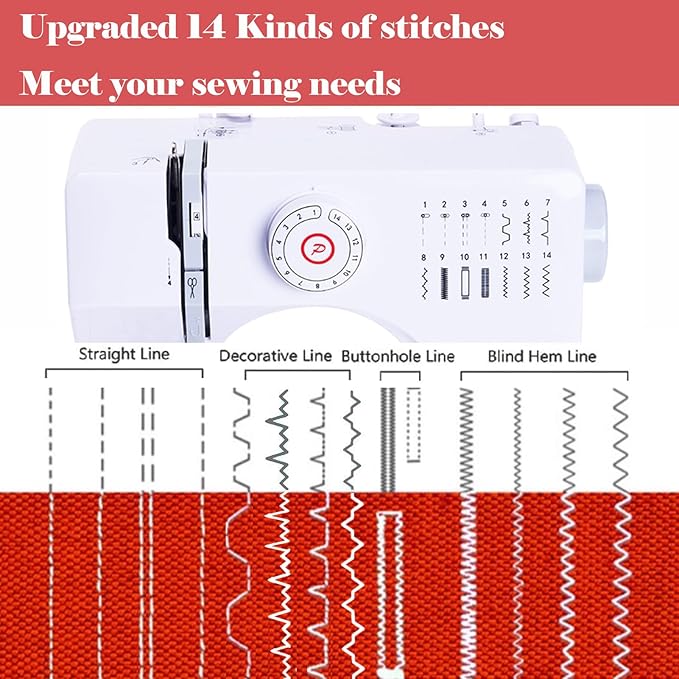 Sewing Machine for Beginners, Electric Mini Portable, 14 Built-in Stitches with Reverse Sewing, 2 Speeds Double Thread with Foot Pedal, Storage Bag, Cotton Fabric and Threads- Extension Table