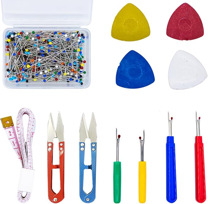 WEAXIO 527pcs Sewing Tools Kit - 20 Tailor Chalks, 4 Seam Rippers, 500 Quilting Pins & 2 Snip Scissors, 1 Soft Ruler, Professional Thread Remover Tools