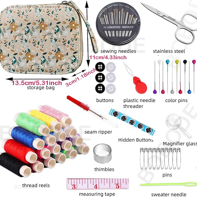 Arts Craft Sewing Kits Printing Sewing Kit Floral Pattern Sewing Set Professional Travel Sewing Supplies with 18 Colors Sewing Thread, Basic Sewing Accessory for Emergency, Home