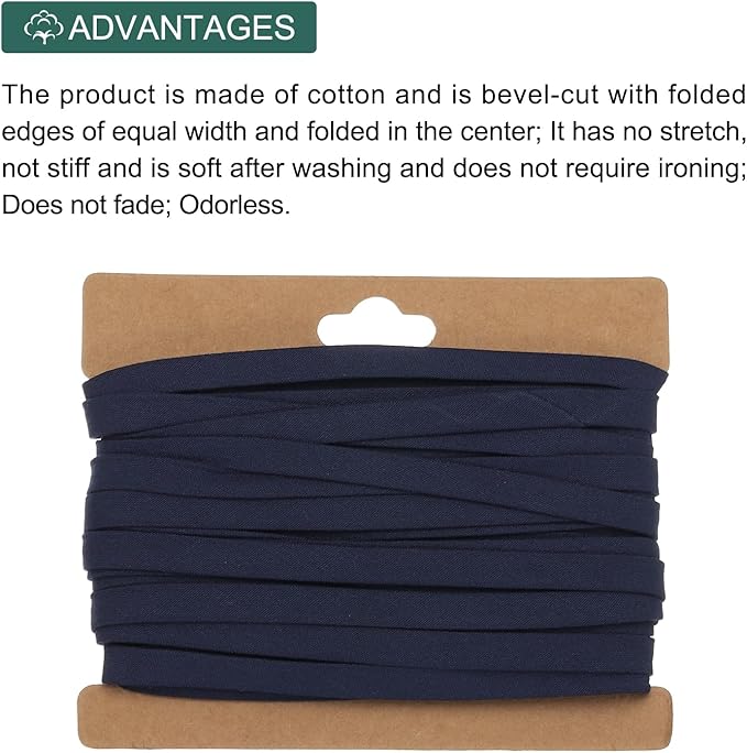 MECCANIXITY 1/4 Inch Double Fold Bias Tape Cotton Continuous Bulk Bias Tape for Sewing,Seaming Quilting Hemming Binding Crafts (Navy Blue 12 Yards)