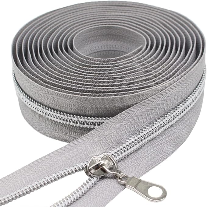 MebuZip #5 Silver Metallic Nylon Coil Zippers by The Yard Bulk Coil Zipper Roll 10 Yards with 25pcs Pulls for DIY Sewing Craft Bags (Grey)