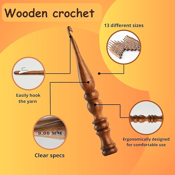 DnU Avenue Sheesham Wood Set of 13 Ergonomic Crochet Hooks 3.5 MM to 12 MM, Wooden Yarn Crochet Hooks for Arthritic Hands, Knitting & Crochet Storage, Soft Grip, Wood finish, Brown (Hooks with Bowl B)