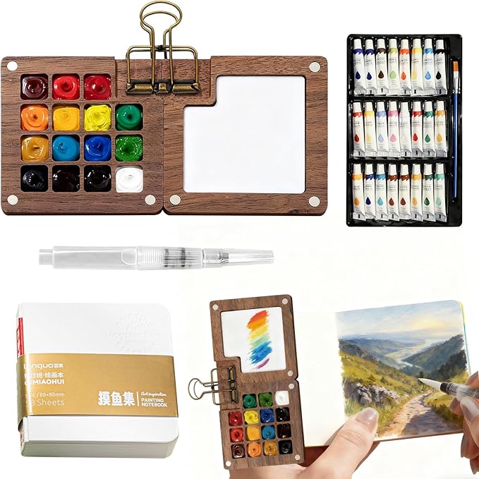 Mini Watercolor Travel Set - Professional Pocket Watercolor Palette with Vibrant Colors, Includes Wooden Palette, Sketchbook & Pen, Portable Art Supplies for Adult Artists & Travel Journaling