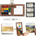Mini Watercolor Travel Set - Professional Pocket Watercolor Palette with Vibrant Colors, Includes Wooden Palette, Sketchbook & Pen, Portable Art Supplies for Adult Artists & Travel Journaling