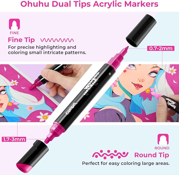 Ohuhu Acrylic Paint Pens 90 Colors: Dual Tips (Round & Fine) Acrylic Markers High Opacity Paint Markers Waterproof Lightfast for Rock Painting Easter Eggs Wood Glass Ceramic Canvas - Kakaako