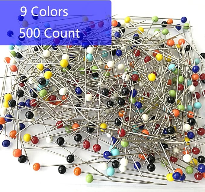 Dressmaker's Sewing Pins - 500 Count, Straight Pins with Colored Glass Heads (1-1/2 Inch), Ideal for Quilting & Fabric