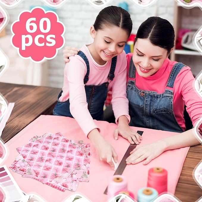 Oudain 60 Pcs 10 x 10 Inch Pink Christmas Quilting Fabric Vintage Christmas Fat Squares Patchwork Precut Strips Santa Flamingo Snowman Fabric Bundles for Xmas DIY Craft Sewing