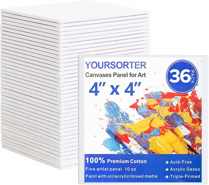 Mini Canvas for Painting 36 Pack, 4x4 Inch Small Canvases for Painting, Blank Canvas Boards Panels Gesso Primed 100% Cotton for Acrylic Oil Watercolor Tempera, Ideal for All Skill Level
