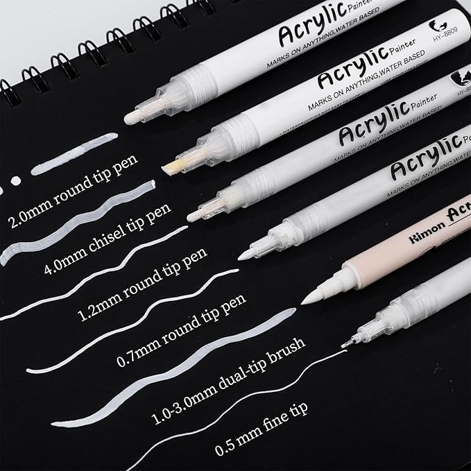 White Pens Set, 6 Pcs Acrylic Paint Pens Dual-Tip Marker Fineliner Brush Pen Quick-Drying Waterproof White Ink Pen for Black Paper Drawing Sketching Clothes Wood Glass Ceramic Stone