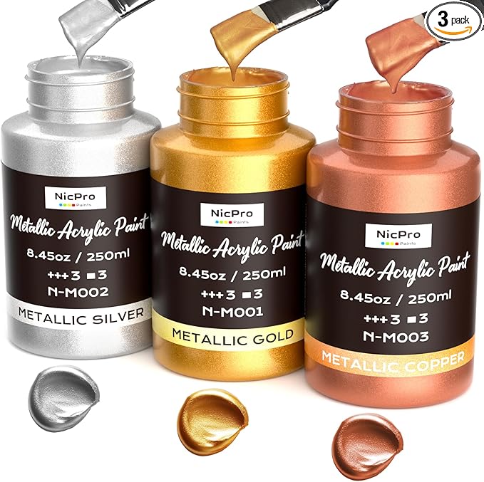Nicpro Acrylic Paint Metallic, 3 Colors Gold, Silver, Copper 25.35oz/750ml Gold Leaf Paint, Non Toxic, Non Fading for Art Painting, Handcrafts, Ideal for Multi-surface, Canvas, Wood, Clay, Metal