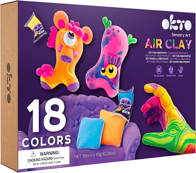 Okto Air Dry Clay for Kids – 18 Colors Foam Clay Set – Non-Sticky, Dries in ~24 Hours – Sculpting Tools, Fun Glasses, Storage Bags & Photo Guide – Sensory Craft Kit