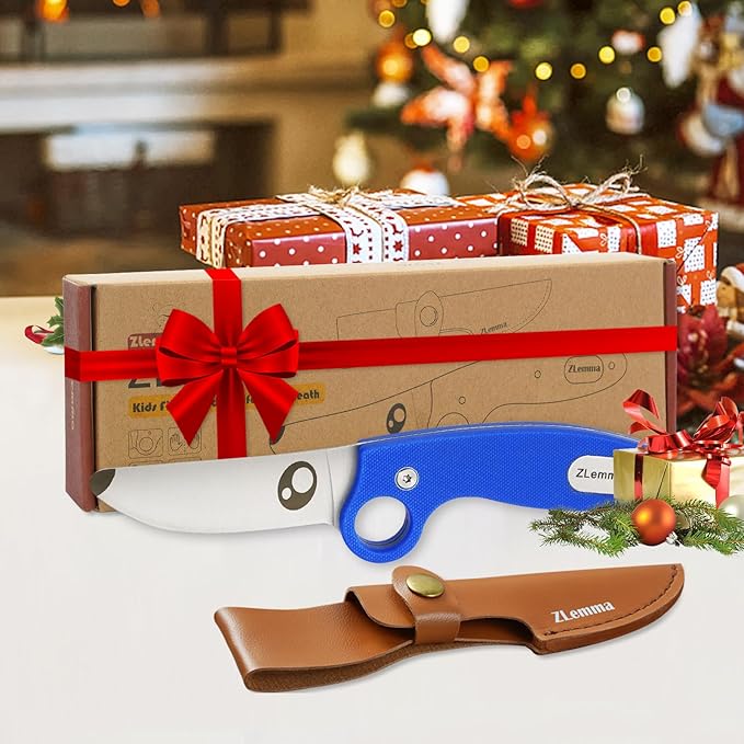 Kids Knife Boy Scout Knife with Educational Ring & Sheath & Rounded Tip - Whittling Knife Blue G10 Handle for Boys/Girls First Сamping Cutting