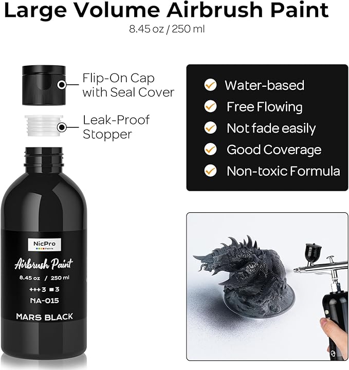 Nicpro Black Large Airbrush Paint (8.45 oz, 250 ml) Ready to Spray Opaque Water-Based Acrylic Air Brush Paints for Model, Wood, Canvas, Metal, Plastic, Leather, for Beginners & Artists