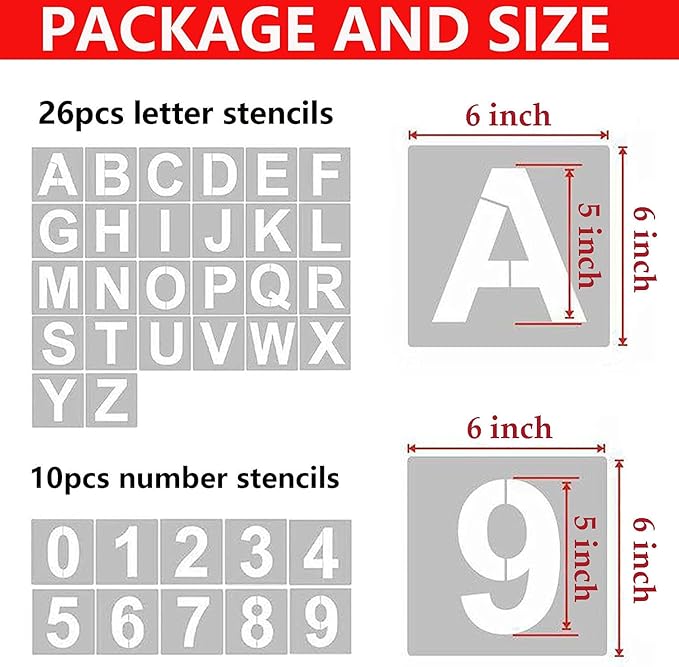 YEAJON 6 Inch Letter Stencils and Numbers, 36 Pcs Alphabet Art Craft Stencils, Reusable Plastic Templates for Wood, Wall, Fabric, Rock, Signage(6 Inch)