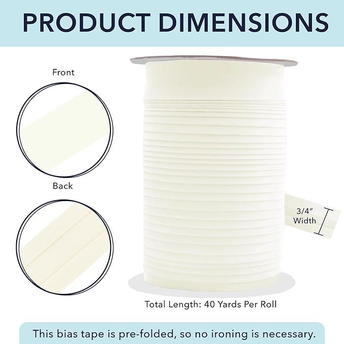 Mandala Crafts 3/4 Inch Single Fold Bias Tape for Sewing, Quilting, Piping, Hemming, Blanket & Quilt Binding – 40 Yards Ivory Fabric Seam Binding Tape