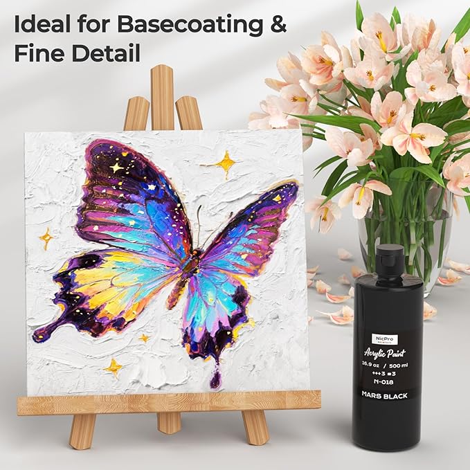 Nicpro Black Large Acrylic Paint (16.9 oz, 500 ml), Rich Pigments, Non Toxic Craft Paint for Multi Surface, Canvas, Wood, Leather, Ceramic, Fabric, Stone - Art Painting Supplies for Beginners, Artists & Adults
