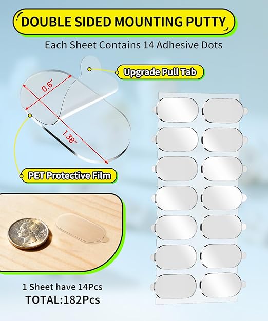 Upgraded Mounting Putty with Pull Tab, Removable Museum Tape Sticky Double Sided Adhesive Dots No Trace for Poster, 182 Pcs 0.6" x 1.38"