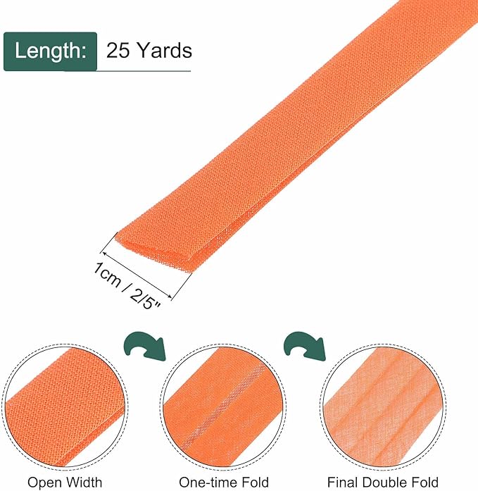 MECCANIXITY 2/5 Inch Double Fold Bias Tape Continuous Bulk Bias Tape for Sewing, Seaming Quilting Hemming Binding Crafts (Orange 25 Yards)